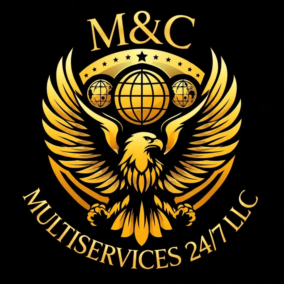 Logo de M&C Multiservices 24/7 LLC: águila dorada con globos terráqueos